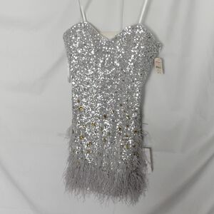 La Femme NWT $450 Silver Sequin Feather Mini Dress Size 12 Prom Cocktail Glam